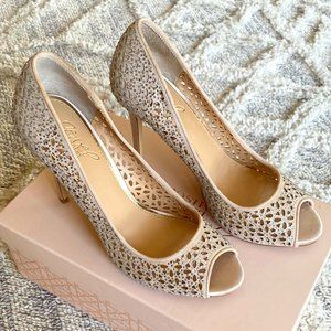 Jewel Badgley Mischka Nude/Crystal Embellished Peep Toe Heel (Size 8)